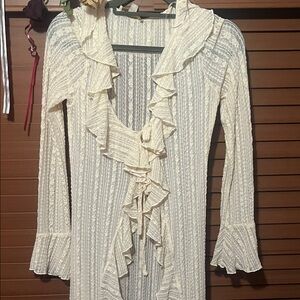 Women's Ruffle-Front Cream Longline Cardigan